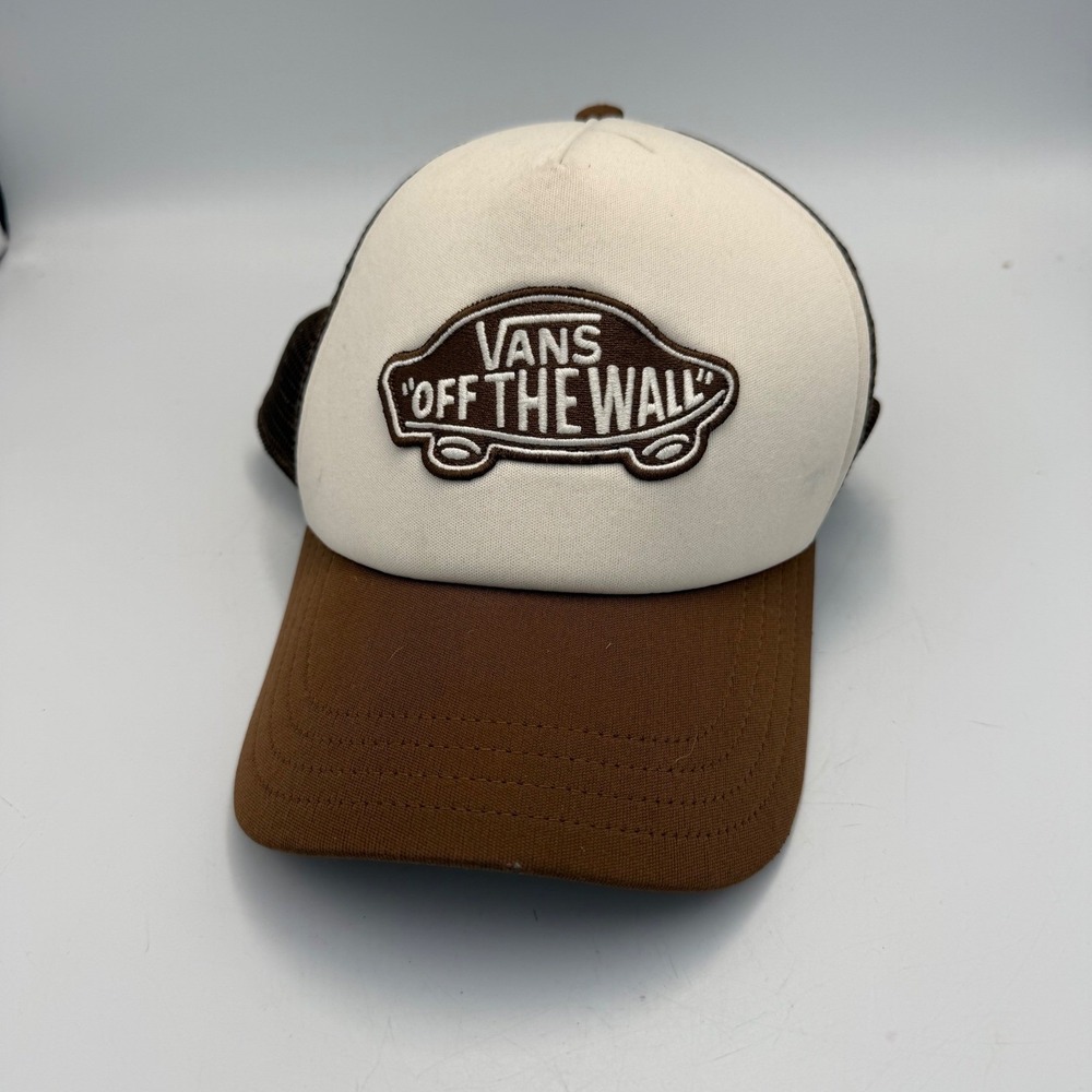Vans Off The Wall Trucker Hat Brown Cream Mesh Snapback Skateboard Logo Cap Mens
